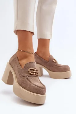 Zazoo 20170 Półbuty Zamszowe Damskie Na Słupku Beżowe