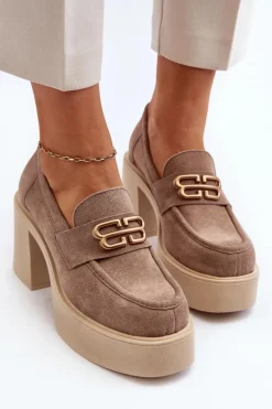 Zazoo 20170 Półbuty Zamszowe Damskie Na Słupku Beżowe