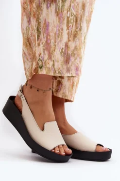 Zazoo 2893 Sandały Damskie Skórzane na Grubej Podeszwie Jasnobeżowe