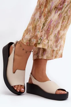 Zazoo 2893 Sandały Damskie Skórzane na Grubej Podeszwie Jasnobeżowe