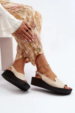 Zazoo 2893 Sandały Damskie Skórzane na Grubej Podeszwie Jasnobeżowe