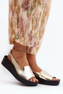 Zazoo 2893 Sandały Damskie Skórzane na Grubej Podeszwie Złote