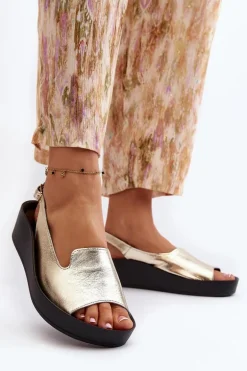 Zazoo 2893 Sandały Damskie Skórzane na Grubej Podeszwie Złote