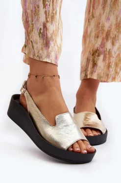 Zazoo 2893 Sandały Damskie Skórzane na Grubej Podeszwie Złote