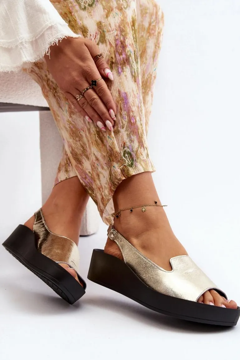 Zazoo 2893 Sandały Damskie Skórzane na Grubej Podeszwie Złote