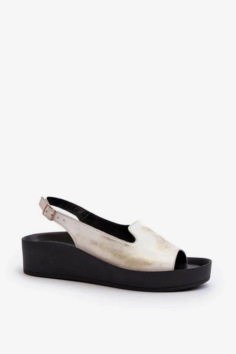 Zazoo 2893 Sandały Damskie Skórzane na Grubej Podeszwie Złoty Przecierany