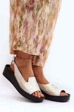 Zazoo 2893 Sandały Damskie Skórzane na Grubej Podeszwie Złoty Przecierany