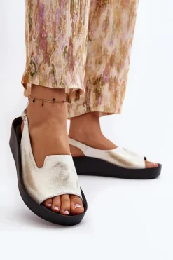 Zazoo 2893 Sandały Damskie Skórzane na Grubej Podeszwie Złoty Przecierany