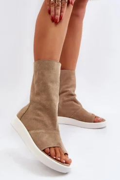 Zazoo 3441 Sandały Damskie Zamszowe Z Cholewka Ciemnobeżowe