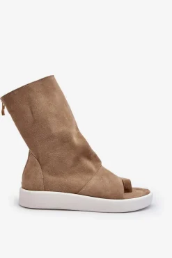 Zazoo 3441 Sandały Damskie Zamszowe Z Cholewka Ciemnobeżowe