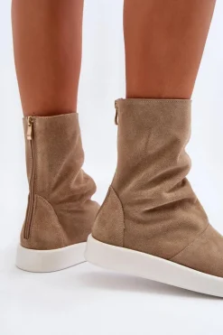 Zazoo 3441 Sandały Damskie Zamszowe Z Cholewka Ciemnobeżowe