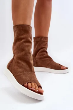 Zazoo 3441 Sandały Damskie Zamszowe Z Cholewka Brązowe