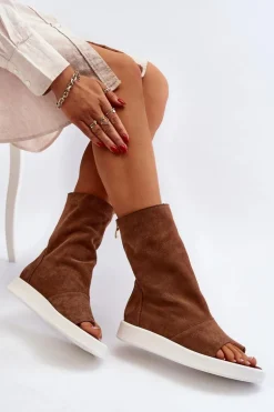 Zazoo 3441 Sandały Damskie Zamszowe Z Cholewka Brązowe