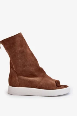 Zazoo 3441 Sandały Damskie Zamszowe Z Cholewka Brązowe