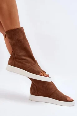 Zazoo 3441 Sandały Damskie Zamszowe Z Cholewka Brązowe