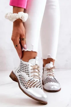 Zazoo 2704 Skórzane Ażurowe Botki Biało-Srebrne