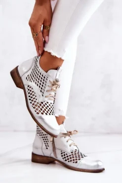 Zazoo 2704 Skórzane Ażurowe Botki Biało-Srebrne