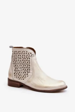 Zazoo 2791 Skórzane Ażurowe Botki Złote