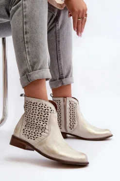 Zazoo 2791 Skórzane Ażurowe Botki Złote