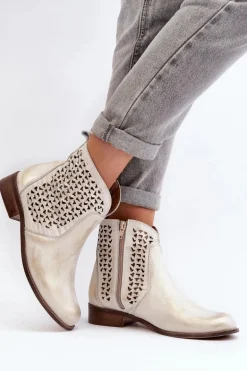 Zazoo 2791 Skórzane Ażurowe Botki Złote