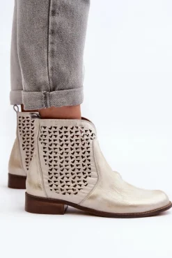 Zazoo 2791 Skórzane Ażurowe Botki Złote