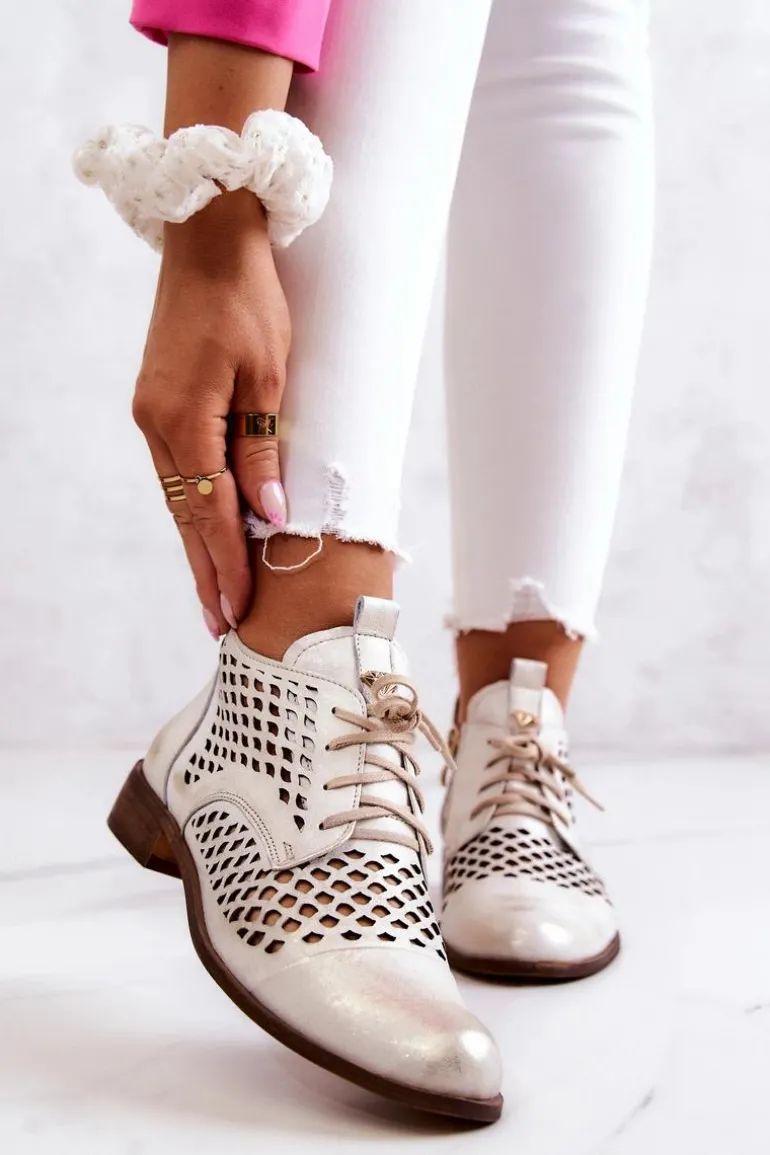 Zazoo 2704 Skórzane Ażurowe Botki Biało-Złote