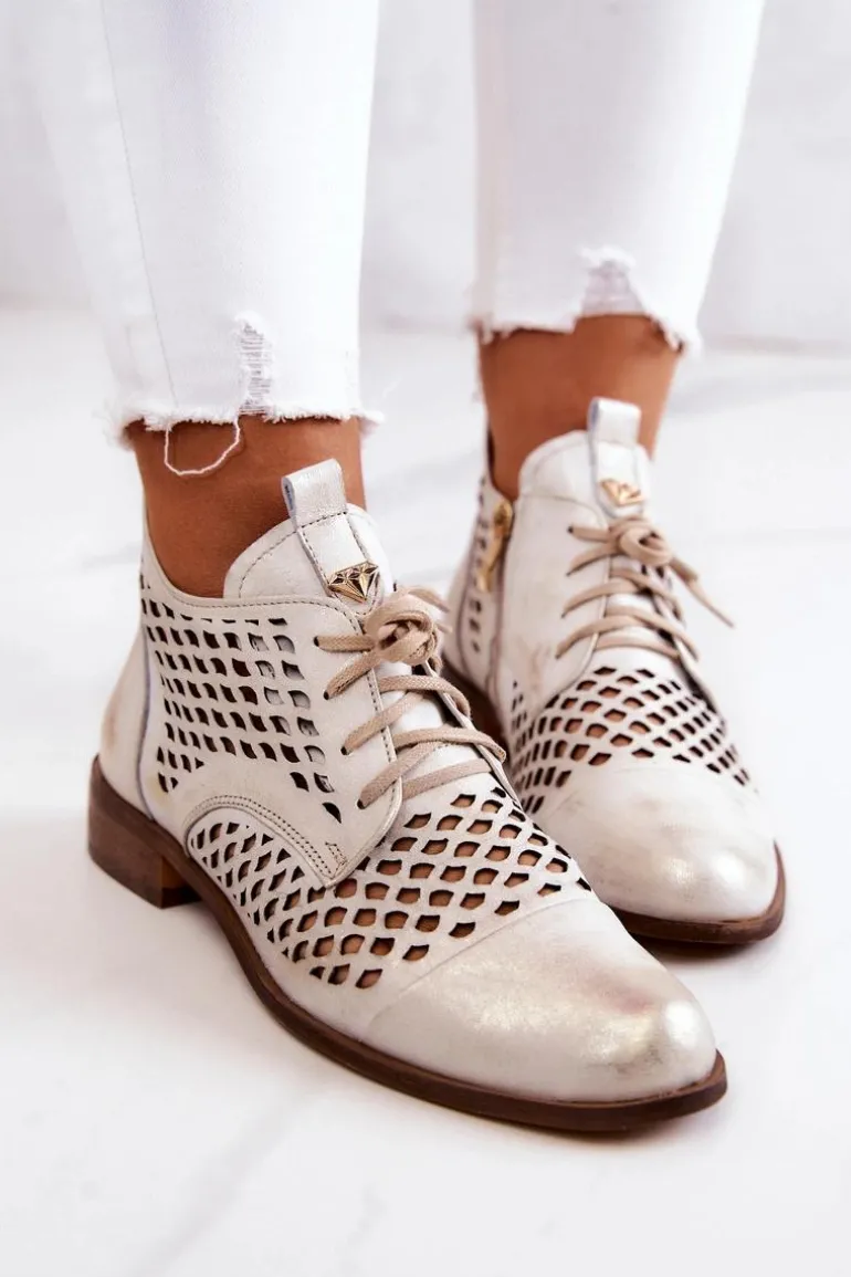 Zazoo 2704 Skórzane Ażurowe Botki Biało-Złote