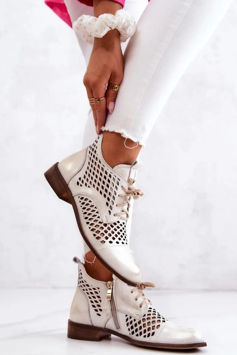Zazoo 2704 Skórzane Ażurowe Botki Biało-Złote