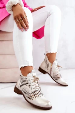 Zazoo 2704 Skórzane Ażurowe Botki Biało-Złote