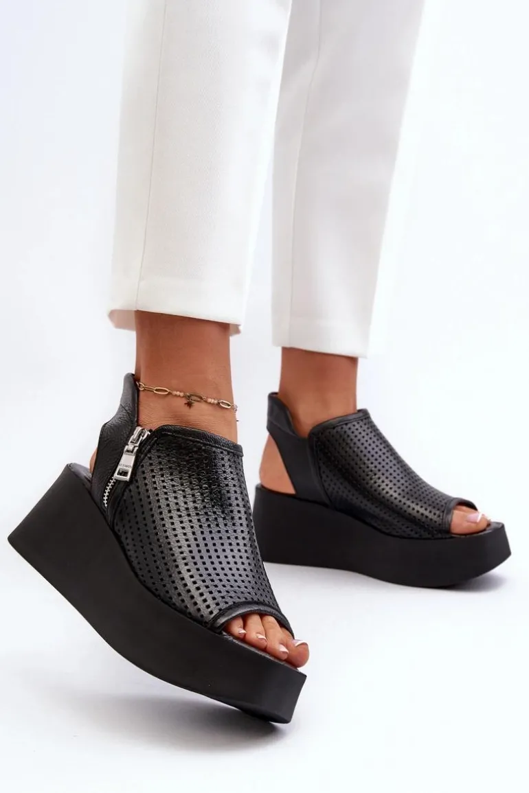 Zazoo 1792 Skórzane Ażurowe Sandały Na Koturnie Czarne