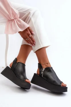 Zazoo 1792 Skórzane Ażurowe Sandały Na Koturnie Czarne