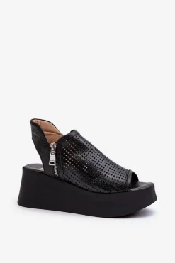 Zazoo 1792 Skórzane Ażurowe Sandały Na Koturnie Czarne