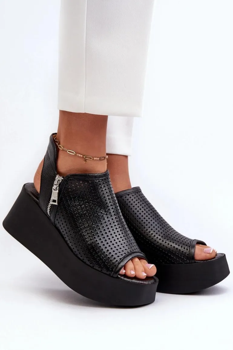 Zazoo 1792 Skórzane Ażurowe Sandały Na Koturnie Czarne