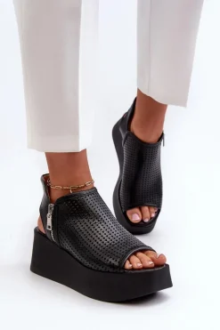 Zazoo 1792 Skórzane Ażurowe Sandały Na Koturnie Czarne