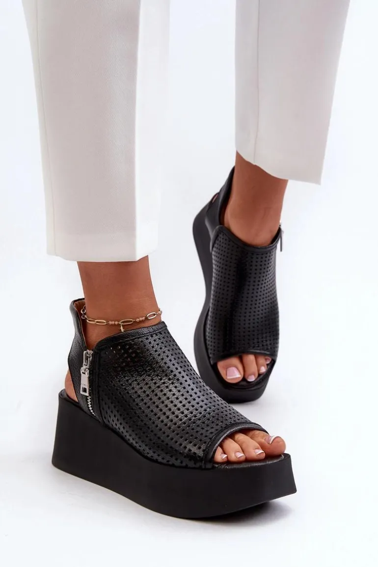 Zazoo 1792 Skórzane Ażurowe Sandały Na Koturnie Czarne