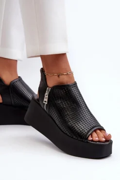 Zazoo 1792 Skórzane Ażurowe Sandały Na Koturnie Czarne