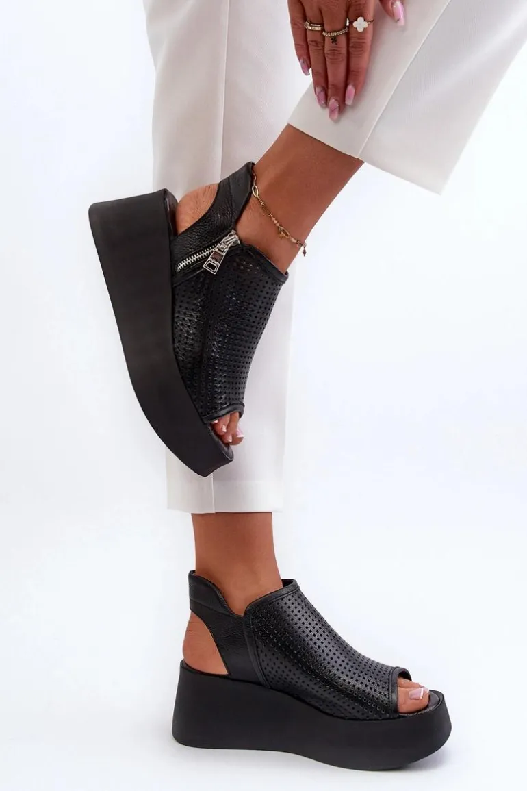 Zazoo 1792 Skórzane Ażurowe Sandały Na Koturnie Czarne