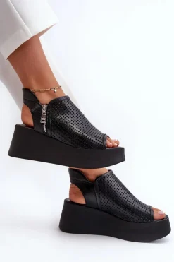 Zazoo 1792 Skórzane Ażurowe Sandały Na Koturnie Czarne