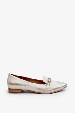 Zazoo 2885 Skórzane Baleriny Z Ozdobą Złoto-Białe