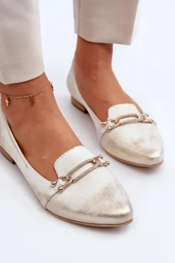 Zazoo 2885 Skórzane Baleriny Z Ozdobą Złoto-Białe