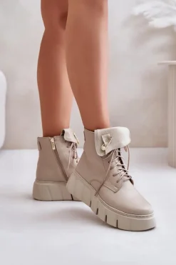 Zazoo 60511 Skórzane Botki Damskie Na Platformie Ocieplane Beżowe