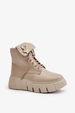 Zazoo 60511 Skórzane Botki Damskie Na Platformie Ocieplane Beżowe