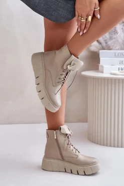 Zazoo 60511 Skórzane Botki Damskie Na Platformie Ocieplane Beżowe
