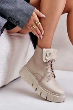 Zazoo 60511 Skórzane Botki Damskie Na Platformie Ocieplane Beżowe