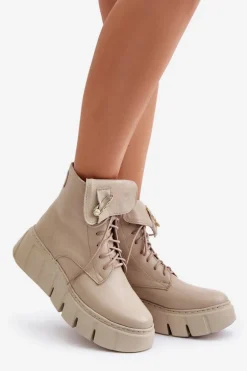 Zazoo 60511 Skórzane Botki Damskie Na Platformie Ocieplane Beżowe