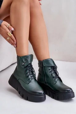 Zazoo 60511 Skórzane Botki Damskie Na Platformie Ocieplane Ciemnozielone
