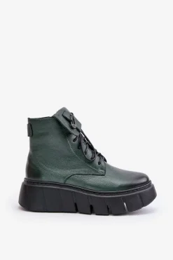 Zazoo 60511 Skórzane Botki Damskie Na Platformie Ocieplane Ciemnozielone