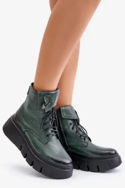 Zazoo 60511 Skórzane Botki Damskie Na Platformie Ocieplane Ciemnozielone