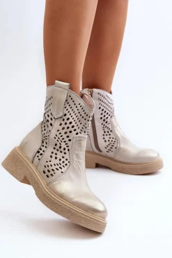 Zazoo 3470 Skórzane Botki Damskie Na Płaskim Obcasie Ażurowe Złote Przecierane