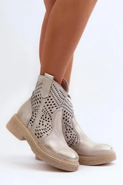 Zazoo 3470 Skórzane Botki Damskie Na Płaskim Obcasie Ażurowe Złote Przecierane